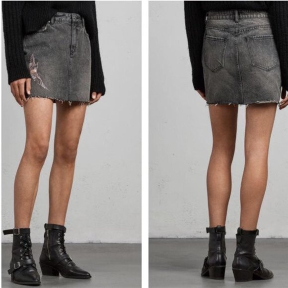 ALLSAINTS Birds Embroidered Denim Skirt Washed Black 6 - Picture 1 of 12